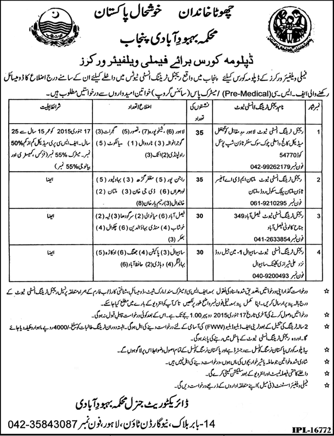 Family Welfare Worker Jobs in Punjab Pakistan 2015 after Free FWW Diploma Course by Population Welfare Department