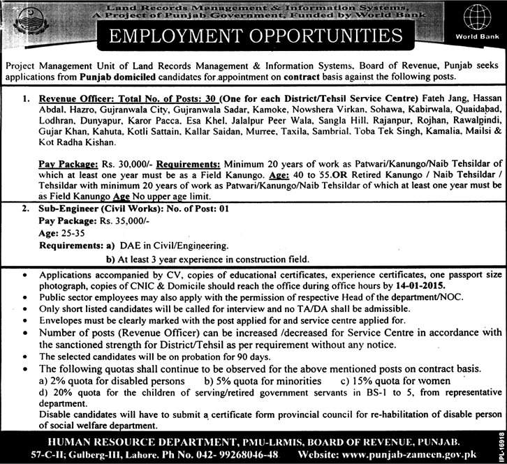 LRMIS Jobs 2015 Punjab for Revenue Officers & Civil / Sub-Engineer Latest Advertisement