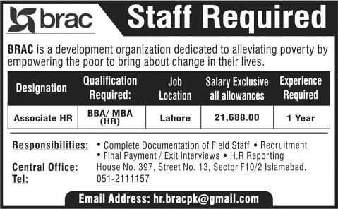 BRAC Pakistan Jobs 2015 for HR Associate in Lahore Latest