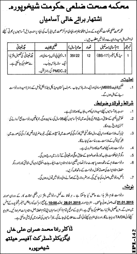Health Department Sheikhupura Jobs 2015 for Medical Officers Latest