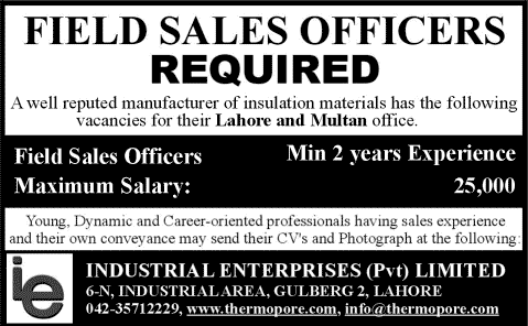 Sales Officer Jobs in Lahore & Multan 2015 at Industrial Enterprises (Private) Limited Latest
