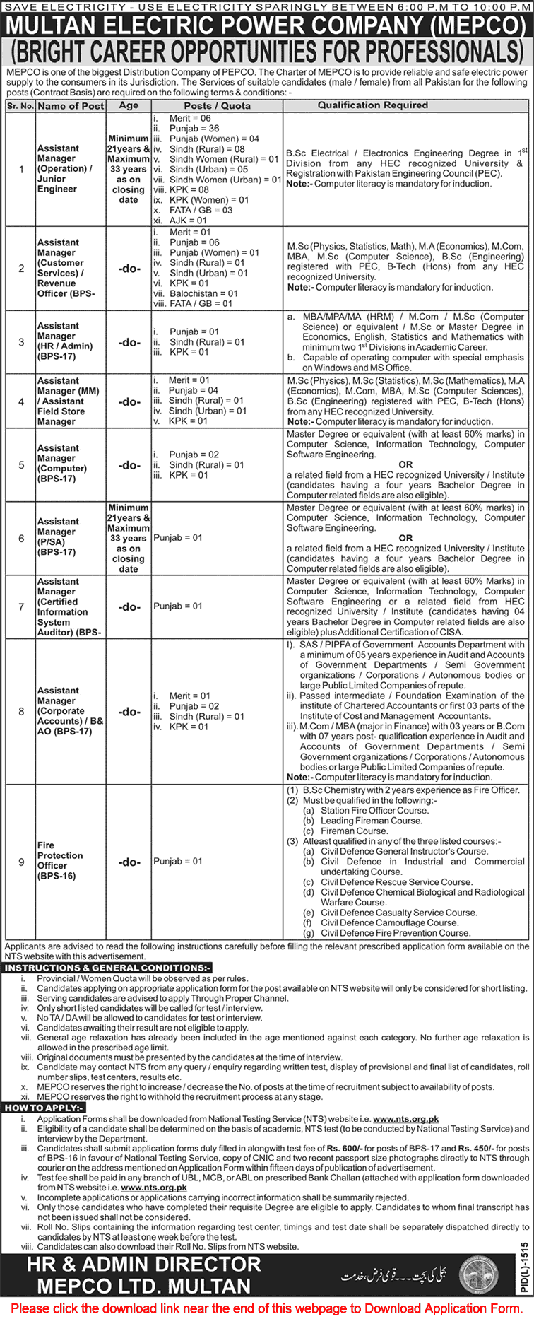 MEPCO Jobs 2015 Assistant Managers, Junior Engineers & Officers NTS Application Form WAPDA