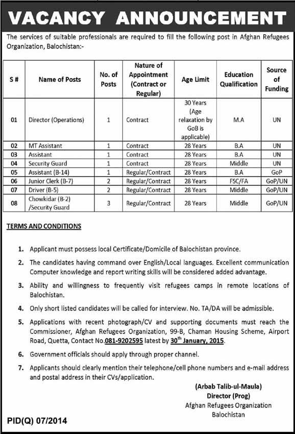 Afghan Refugees Organization Balochistan Jobs 2015 Assistants, Clerks, Drivers & Others