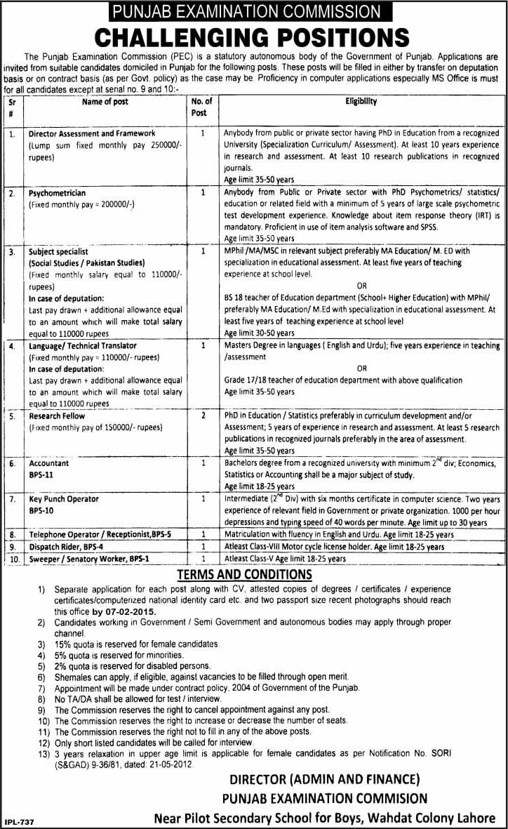 Punjab Examination Commission Jobs 2015 Research Fellow, Accountant, Key Punch Operator & Others