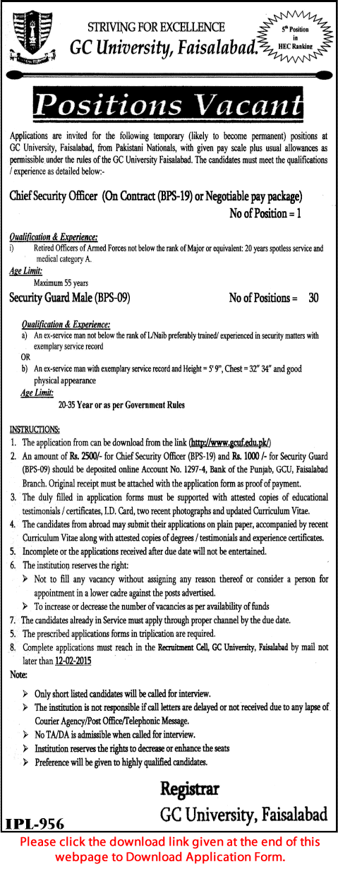 Security Guard / Officer Jobs in GC University Faisalabad 2015 Application Form Latest / New