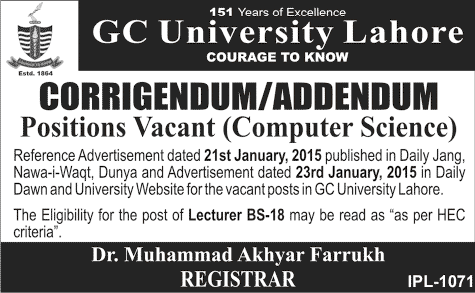 Corrigendum: GC University Lahore Jobs 2015 Lecturer Computer Science Eligibility Criteria
