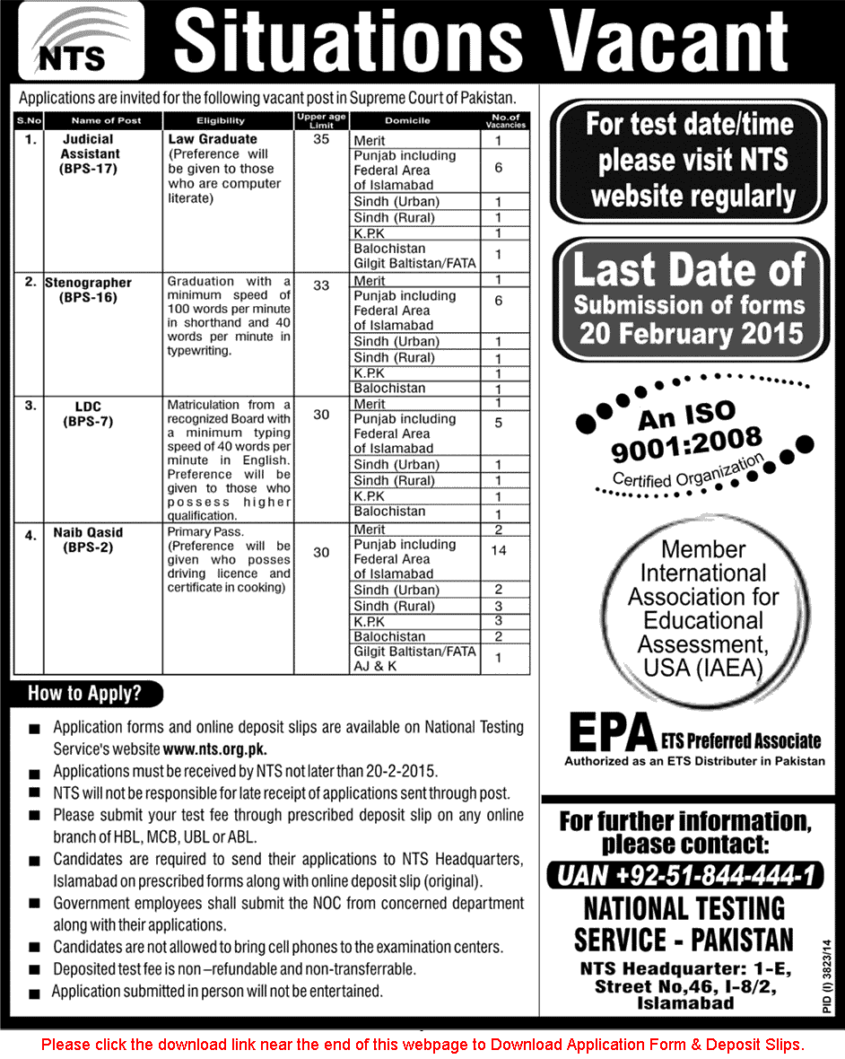 Supreme Court of Pakistan Jobs 2015 NTS Application Form Clerks, Naib Qasids & Others