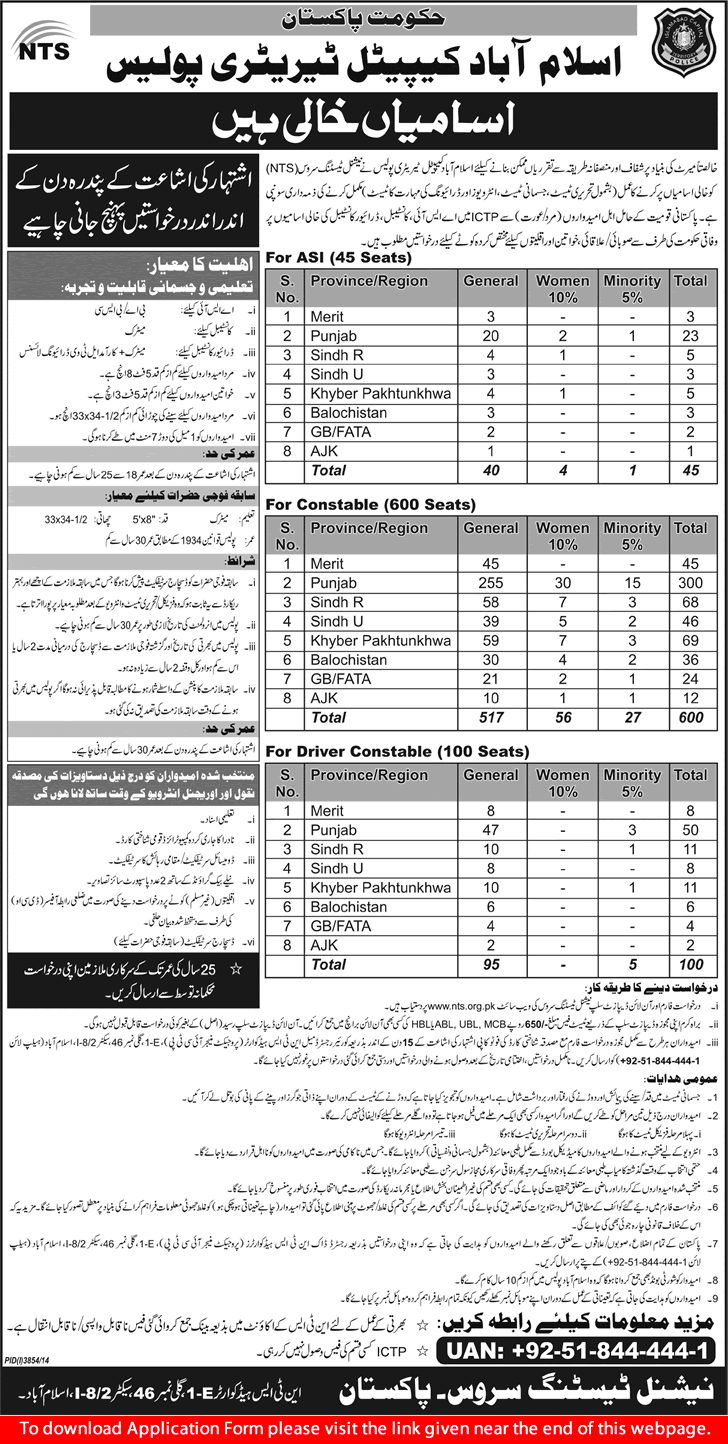 Islamabad Police Jobs 2015 ASI, Constables & Drivers NTS Application Form Download Latest
