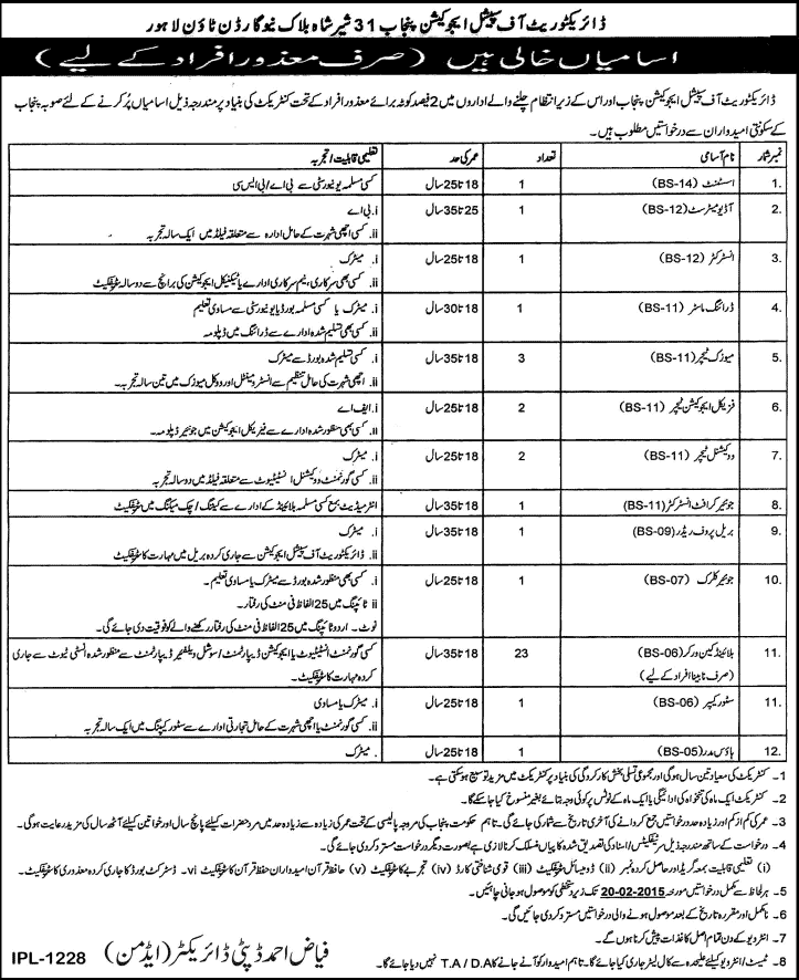 Directorate of Special Education Punjab Jobs 2015 February for Disabled Quota Latest
