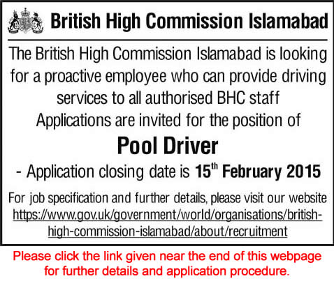 British High Commission Islamabad Pool Driver Jobs 2015 February British Embassy Latest