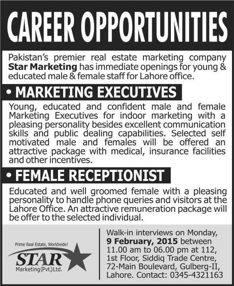 Marketing Executives & Receptionist Jobs in Star Marketing Lahore 2015 February Latest