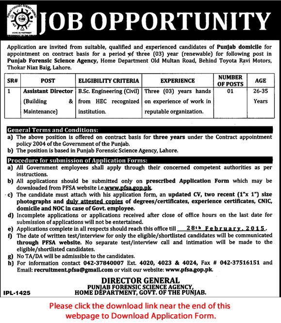 Civil Engineer Jobs in Punjab Forensic Science Agency 2015 February Assistant Director Application Form