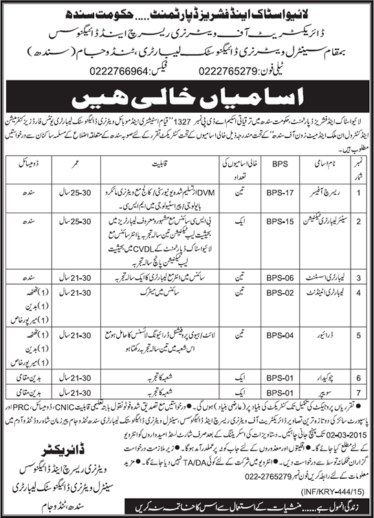 Livestock and Fisheries Department Jobs 2015 February Government of Sindh Latest