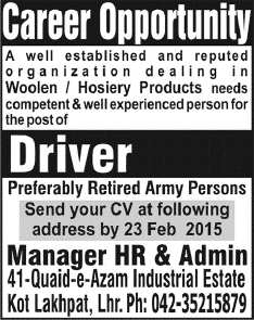 Driver Jobs in Lahore 2015 February for Retired Army Person