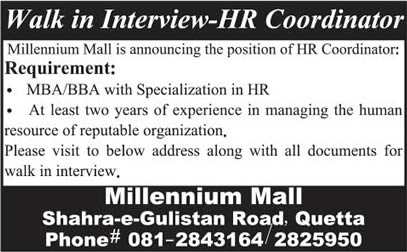 HR Coordinator Jobs in Quetta 2015 February at Millennium Mall Walk in Interviews