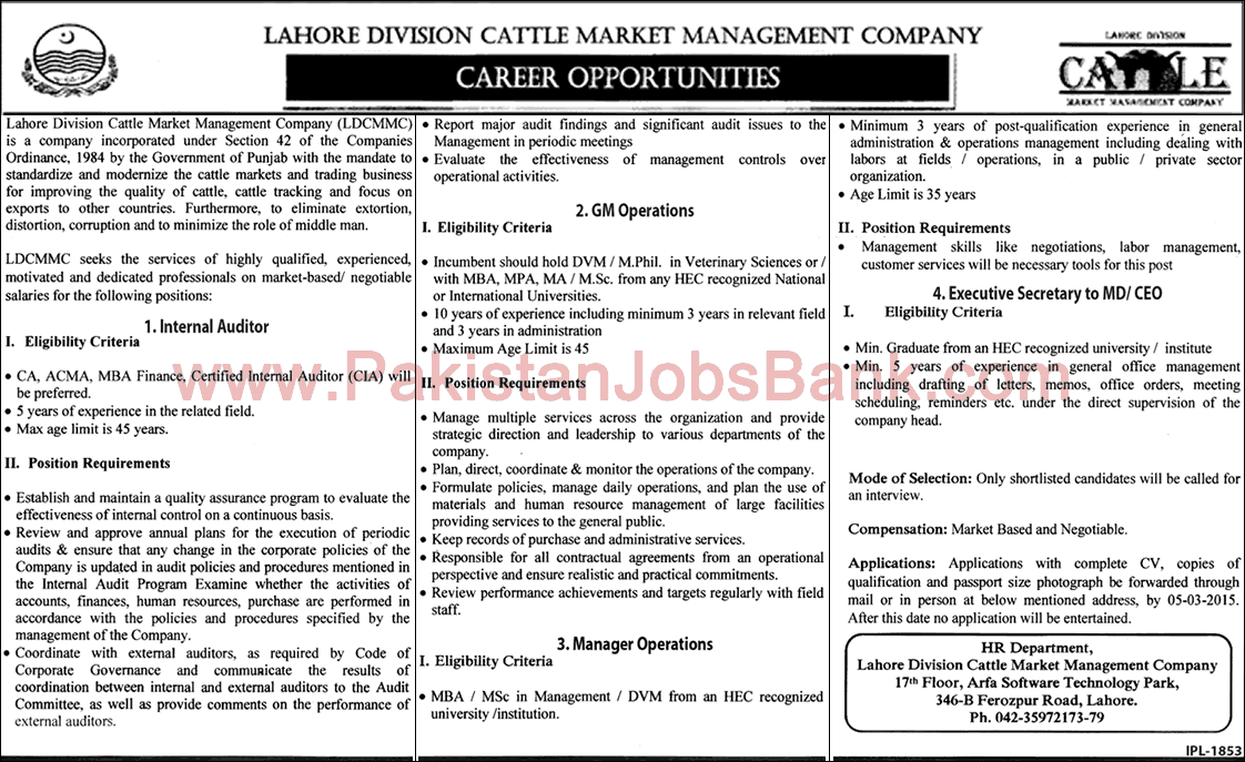 Lahore Division Cattle Market Management Company Jobs 2015 February LDCMMC Latest
