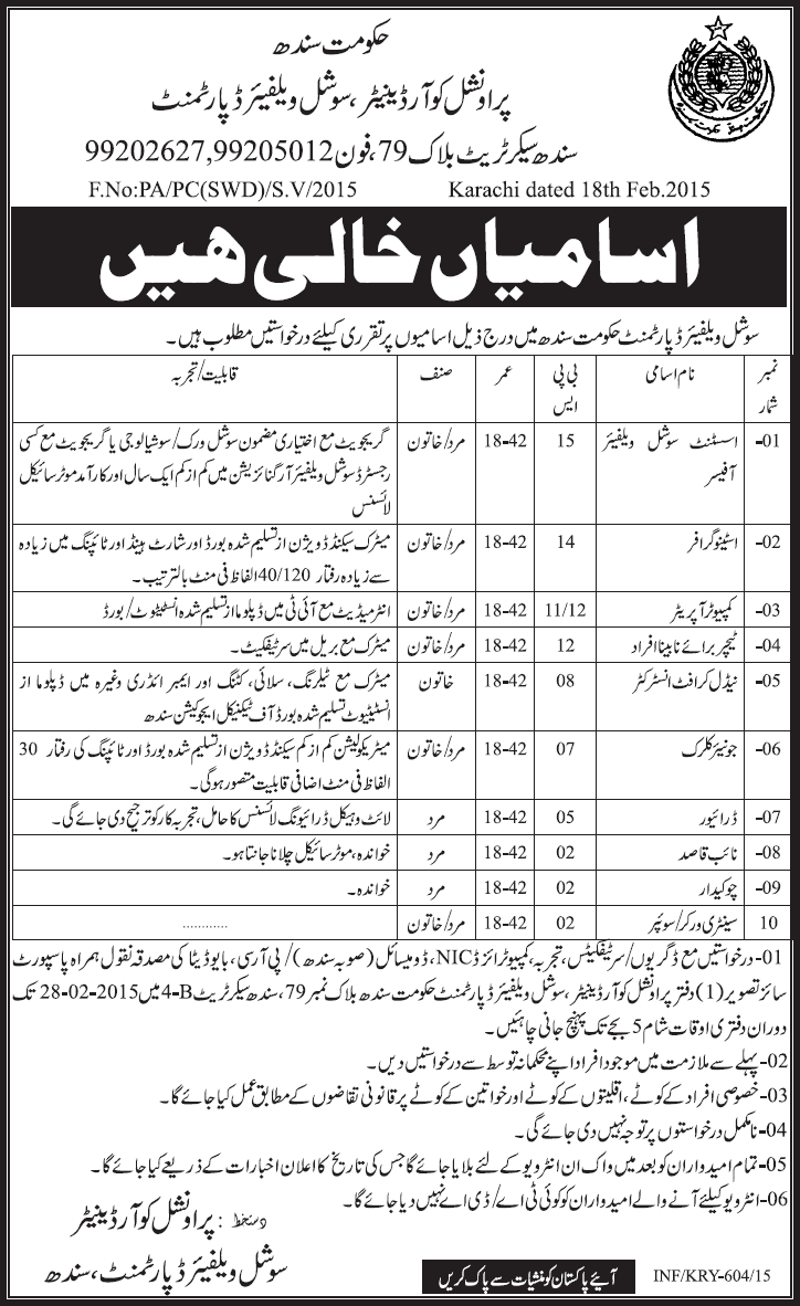 Social Welfare Department Sindh Jobs 2015 February in Karachi Latest Advertisement