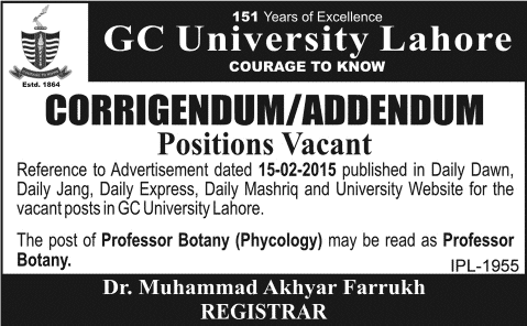 Corrigendum: GC University Lahore Jobs 2015 February Professor Botany