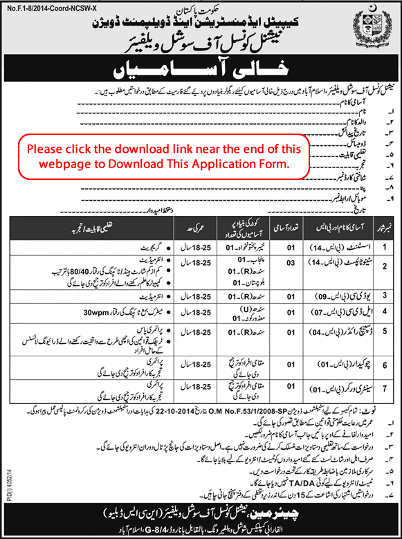 National Council of Social Welfare Islamabad Jobs 2015 February CADD Application Form Download