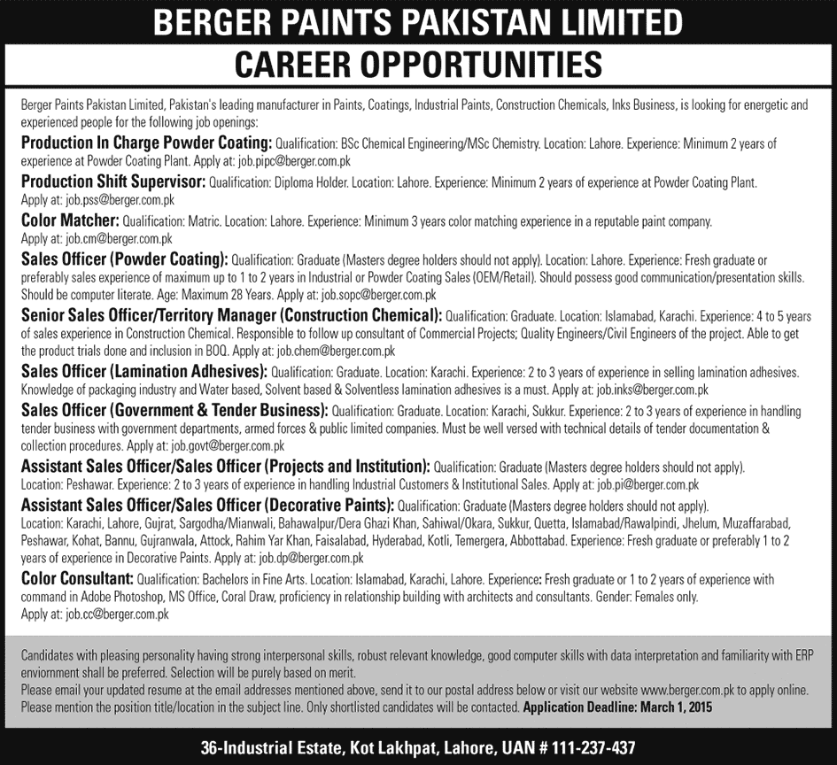 Berger Paints Pakistan Jobs 2015 February Sales Officers, Color Matcher & Production Staff Latest