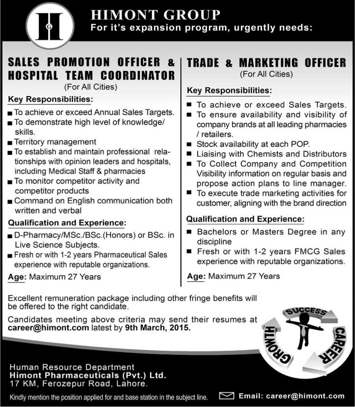 Himont Pharmaceuticals Jobs 2015 February Sales and Marketing Officers & Coordinators