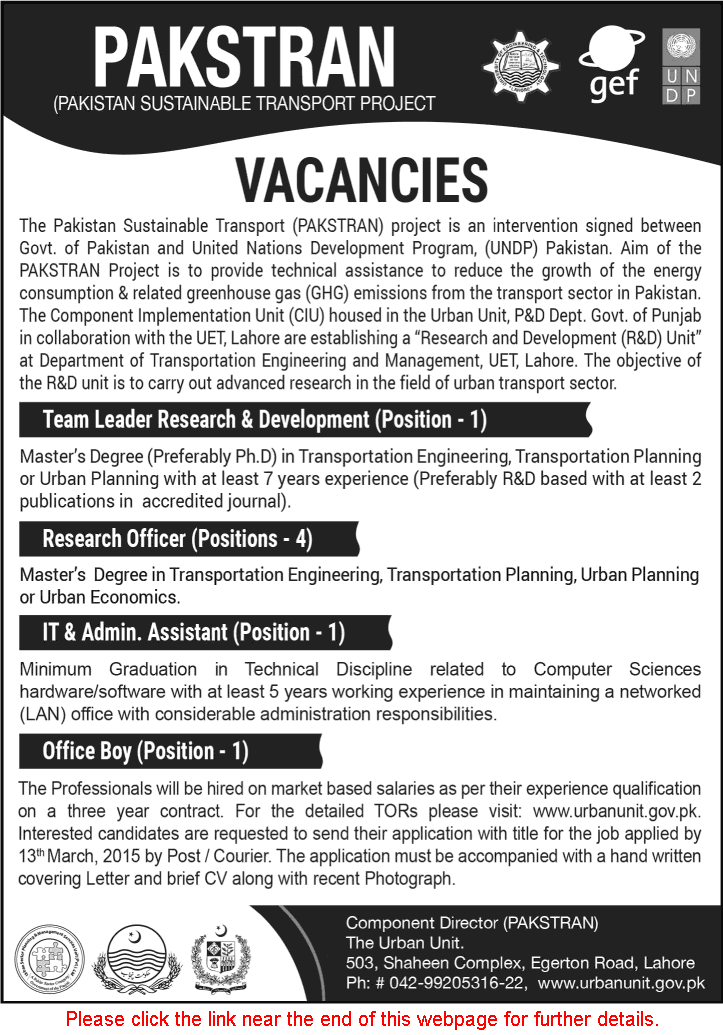 Pakistan Sustainable Transport Project Jobs 2015 February Research Officers, IT / Admin Assistant & Others PAKSTRAN