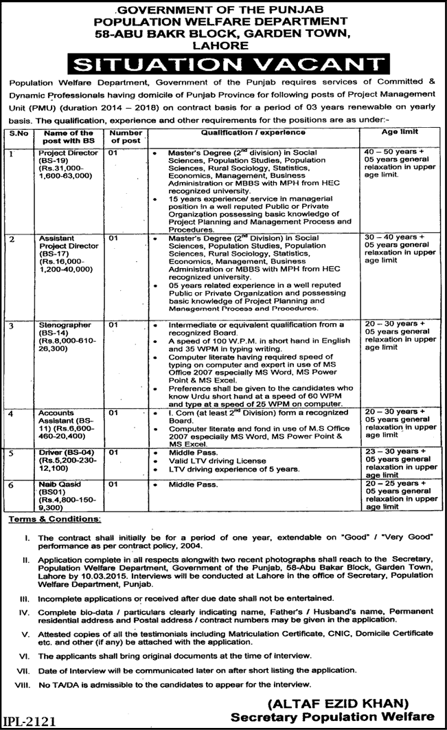 Population Welfare Department Punjab Jobs 2015 February Accountant, Stenographer, Driver & Others