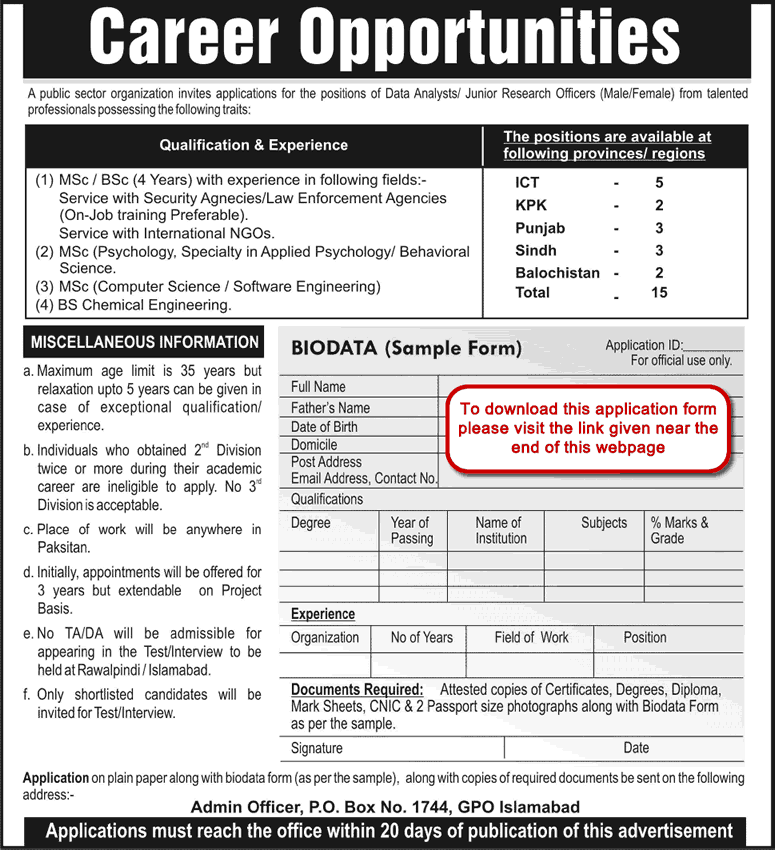 PO Box 1744 GPO Islamabad Jobs 2015 February Application Form Data Analyst / Junior Research Officers