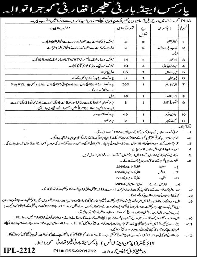 Parks and Horticulture Authority Gujranwala Jobs 2015 February / March Mali, Drivers, Naib Qasid & Others