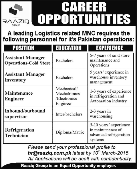 Raaziq Group Jobs 2015 March Store / Inventory Managers, Maintenance Engineer & Others