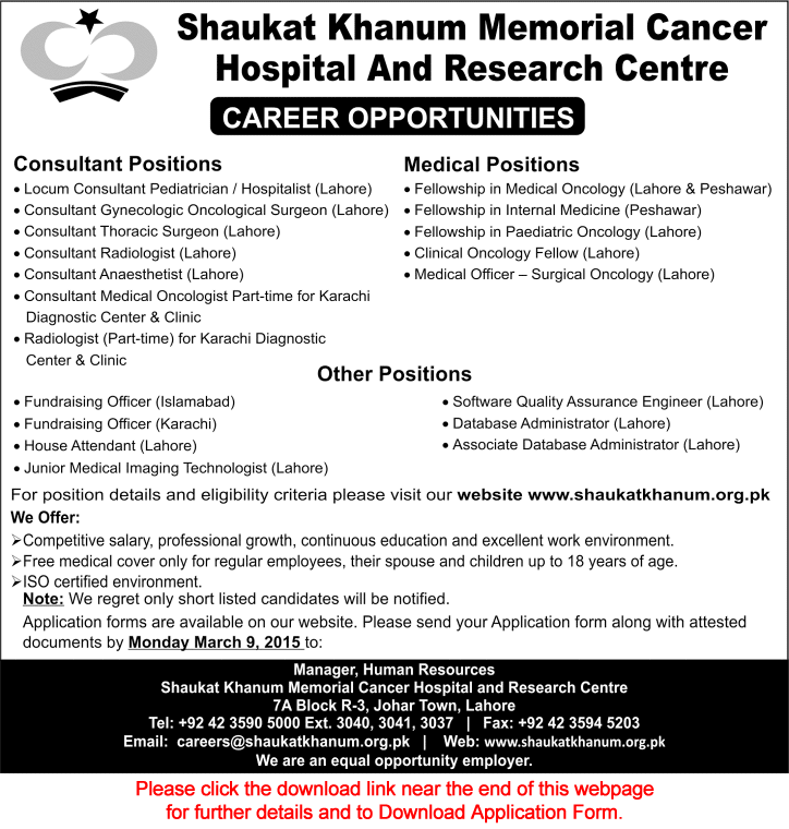 Shaukat Khanum Hospital Jobs 2015 March Application Form Download Consultants, Fellowships & Others