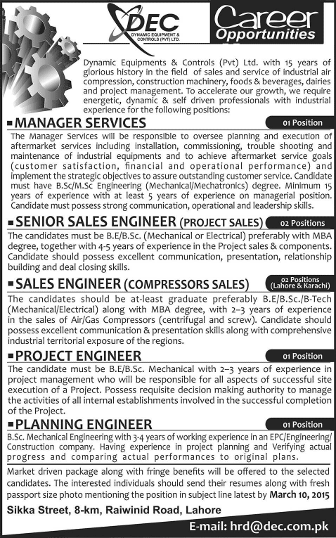 Dynamic Equipment and Controls Pvt Ltd Lahore Jobs 2015 March Electrical / Mechanical Engineers