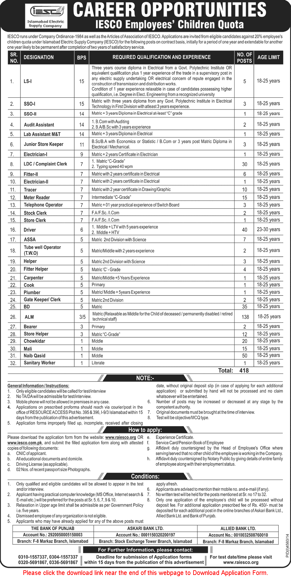 IESCO Jobs 2015 March Employees' Children Quota (Sons/Daughters) Application Form Download
