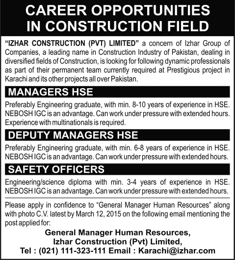 Izhar Construction Company Karachi Jobs 2015 March for Safety Officers & HSE Managers