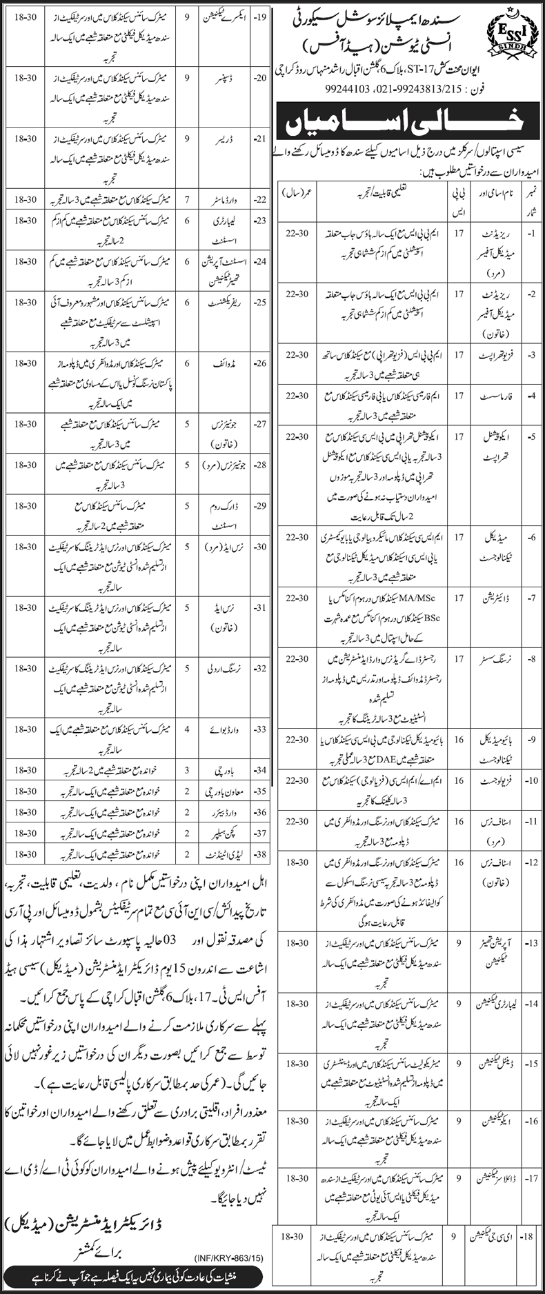 Sindh Employees Social Security Institution Karachi Jobs 2015 March SESSI Medical & Paramedical Staff