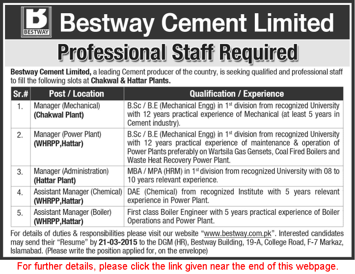 Bestway Cement Jobs 2015 March Chakwal / Hattar Plants Engineers & Admin Manager