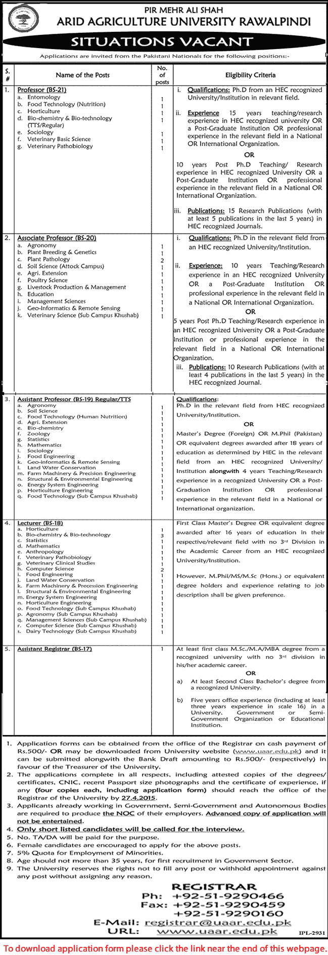 Arid Agriculture University Rawalpindi Jobs 2015 March Application Form Faculty & Assistant Registrar