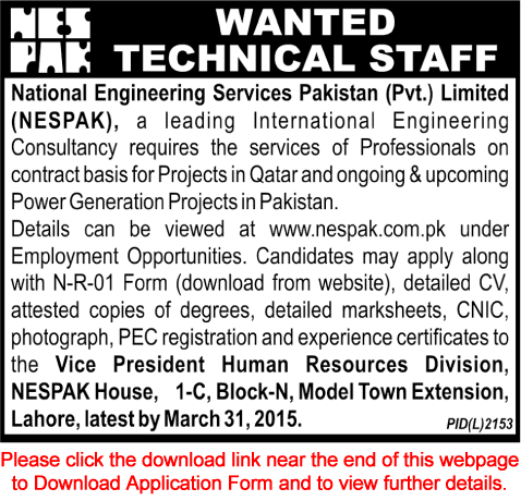 NESPAK Jobs 2015 March Application Form Download Electrical / Mechanical & Chemical Engineers