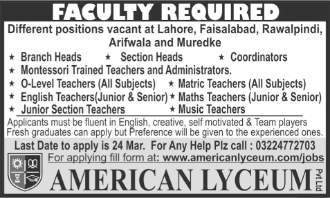 American Lyceum School Jobs 2015 March Teaching Faculty, Coordinators & Branch / Section Heads