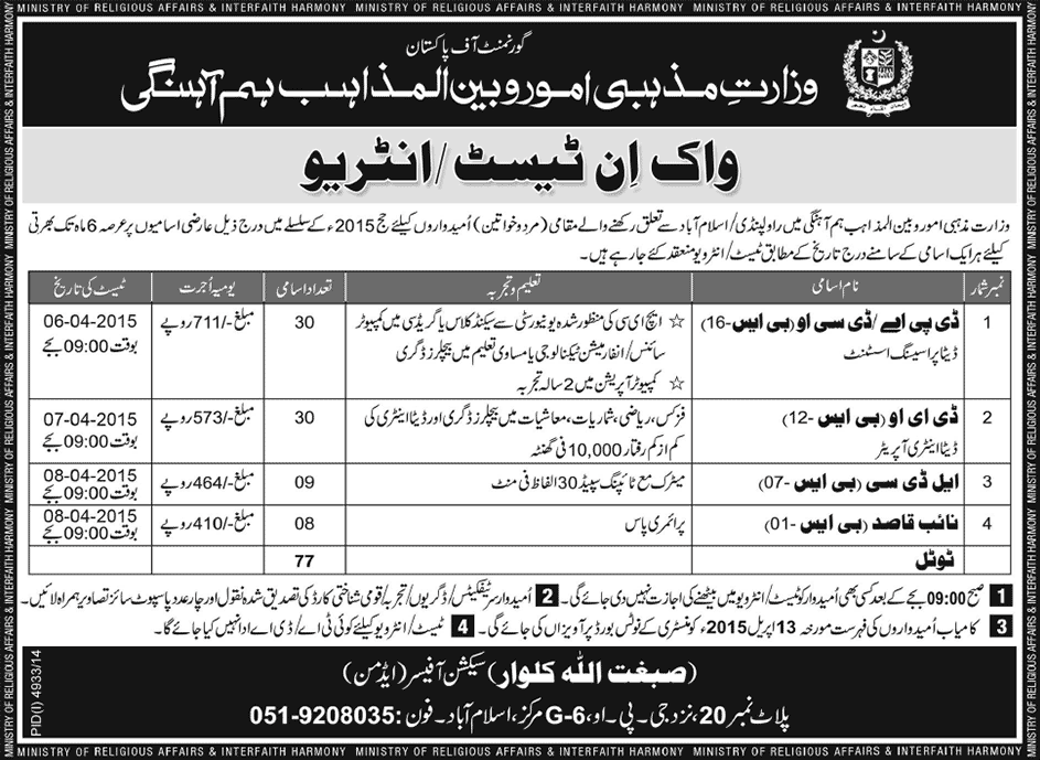 Ministry of Religious Affairs Islamabad Jobs 2015 April for Hajj Walk in Test / Interviews MORA Latest