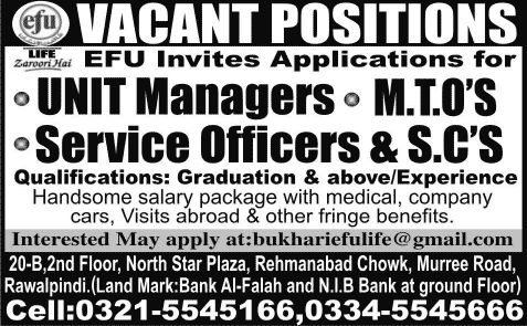 EFU Life Assurance Rawalpindi Jobs 2015 March / April Unit Managers, Management Trainee Officer & Others