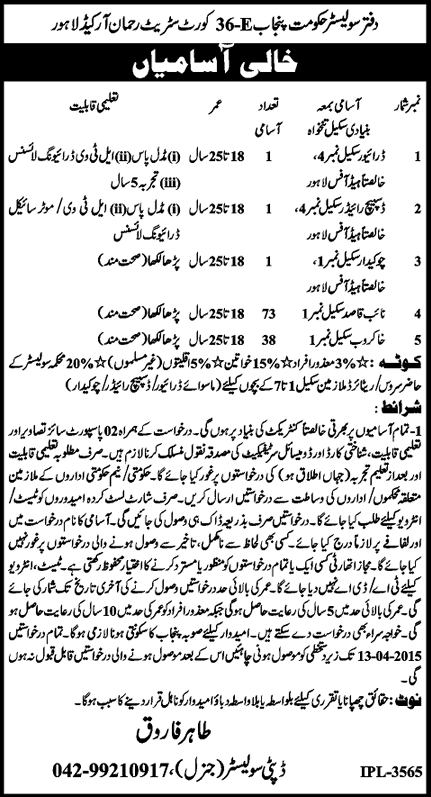 Solicitor Department Punjab Jobs 2015 March / April for Naib Qasid, Khakroob & Others