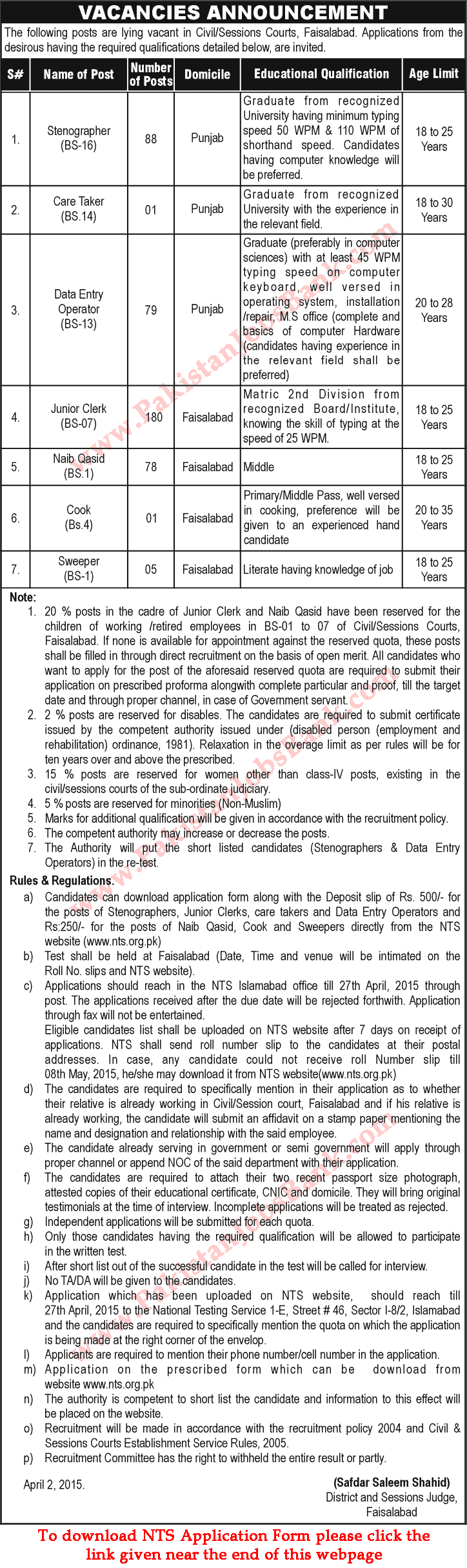 District and Session Court Faisalabad Jobs 2015 April NTS Application Form Download