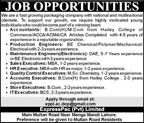 ExpressPac Pvt. Ltd Lahore Jobs 2015 April Accountant, Sales / HR Executives, Quality Control Officer & Others