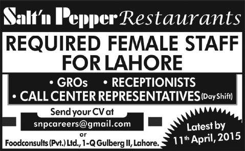 Salt n Pepper Restaurant Lahore Jobs 2015 April Receptionists, Call Center Representatives & GROs