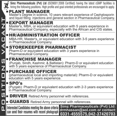 Simz Pharmaceuticals Lahore Jobs 2015 April Plant / Export Manager, Admin / Purchase Officer & Others
