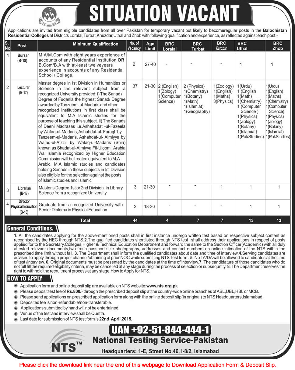 Balochistan Residential College Jobs 2015 April NTS Application Form Lecturers, Bursar & Others
