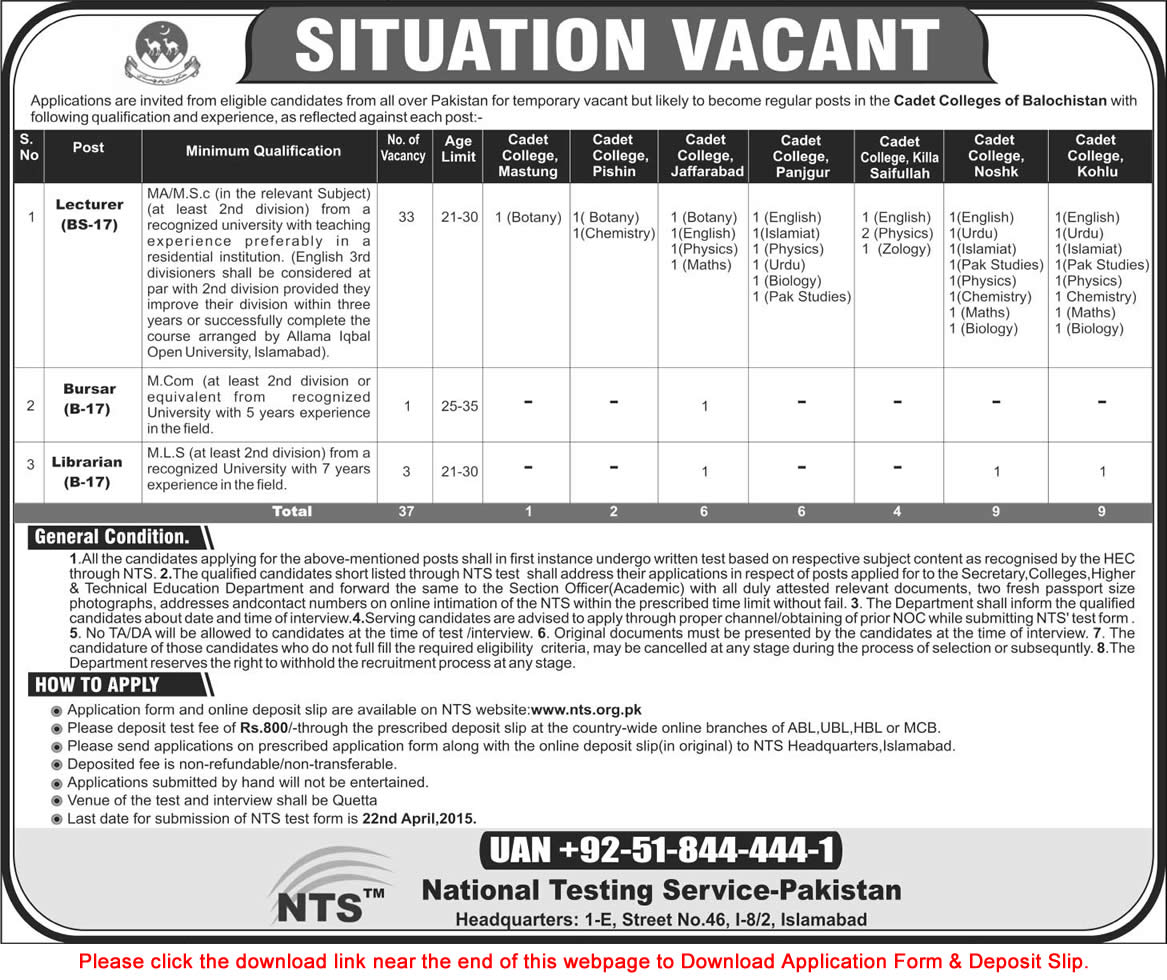 Cadet Colleges Balochistan Jobs 2015 April NTS Application Form Download Lecturers, Bursar & Librarian