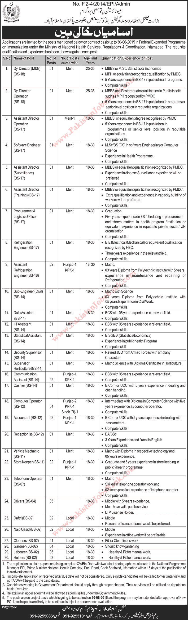 Ministry of National Health Services Regulations & Coordination Islamabad Jobs 2015 April NHSRC