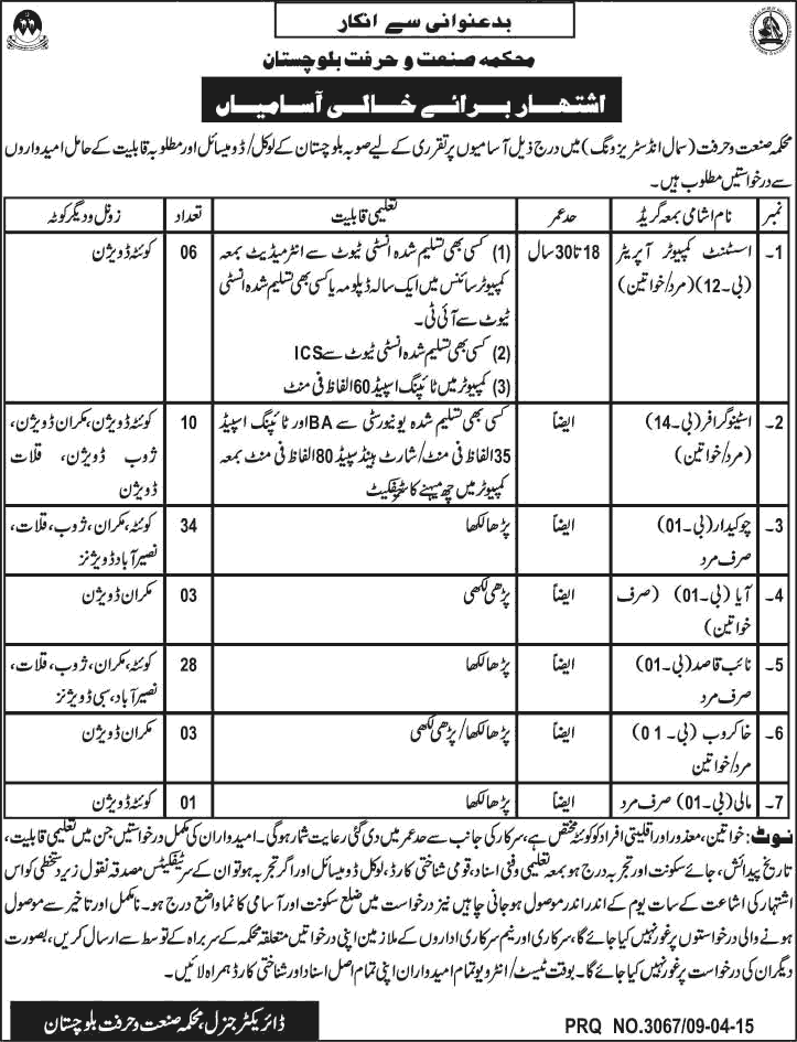 Industries and Commerce Department Balochistan Jobs 2015 April Computer Operators, Stenographers & Others